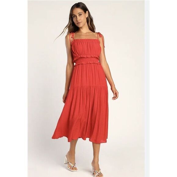 Lulus Dresses & Skirts - Lulu’s‎ Womens Red Strolling Santorini Midi Dress Sleeveless Gauze Size S